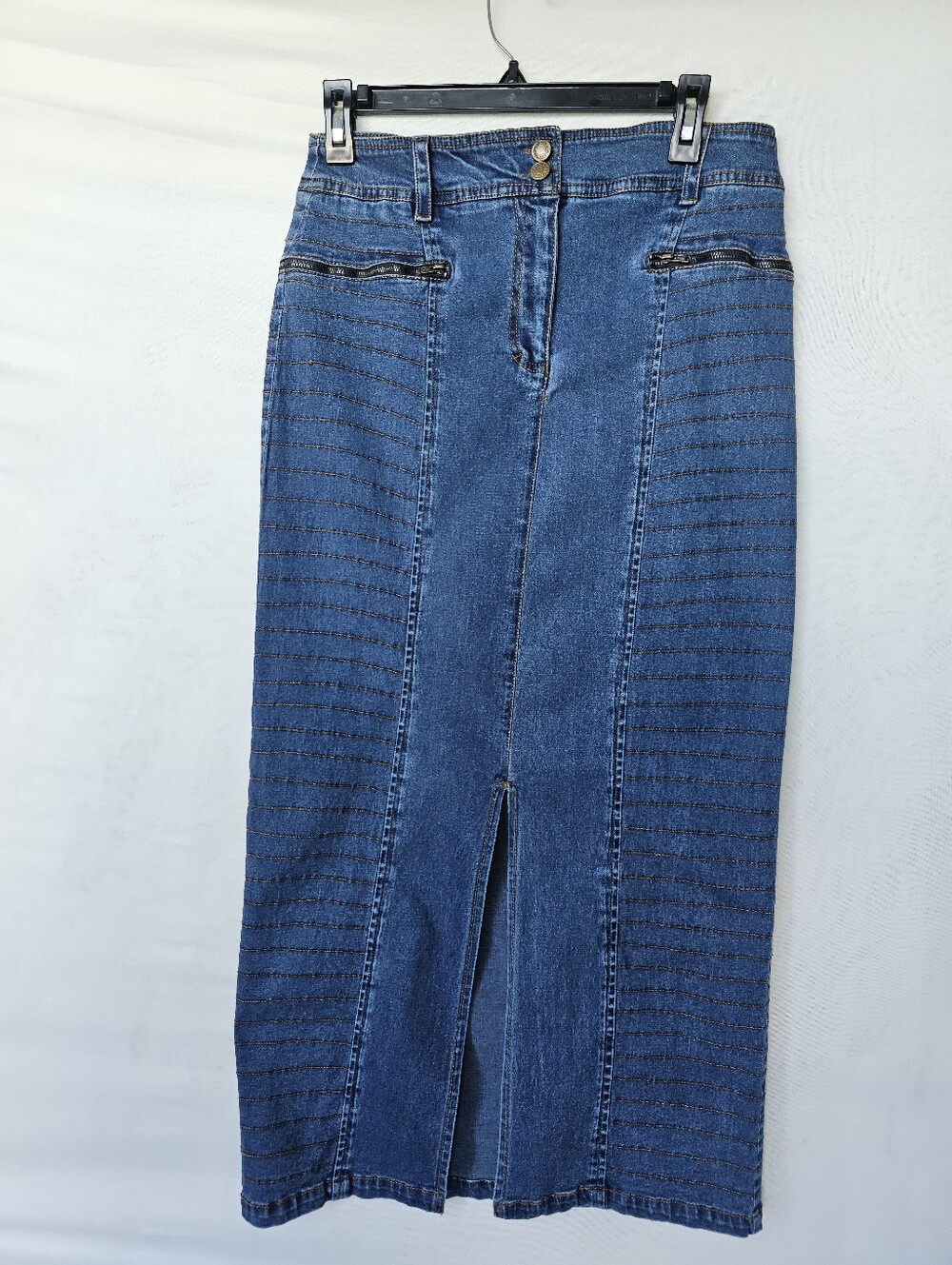 DownTown Denim Maxi Skirt Size 10 High Slit Moto Pleated Details Y2K Boho
